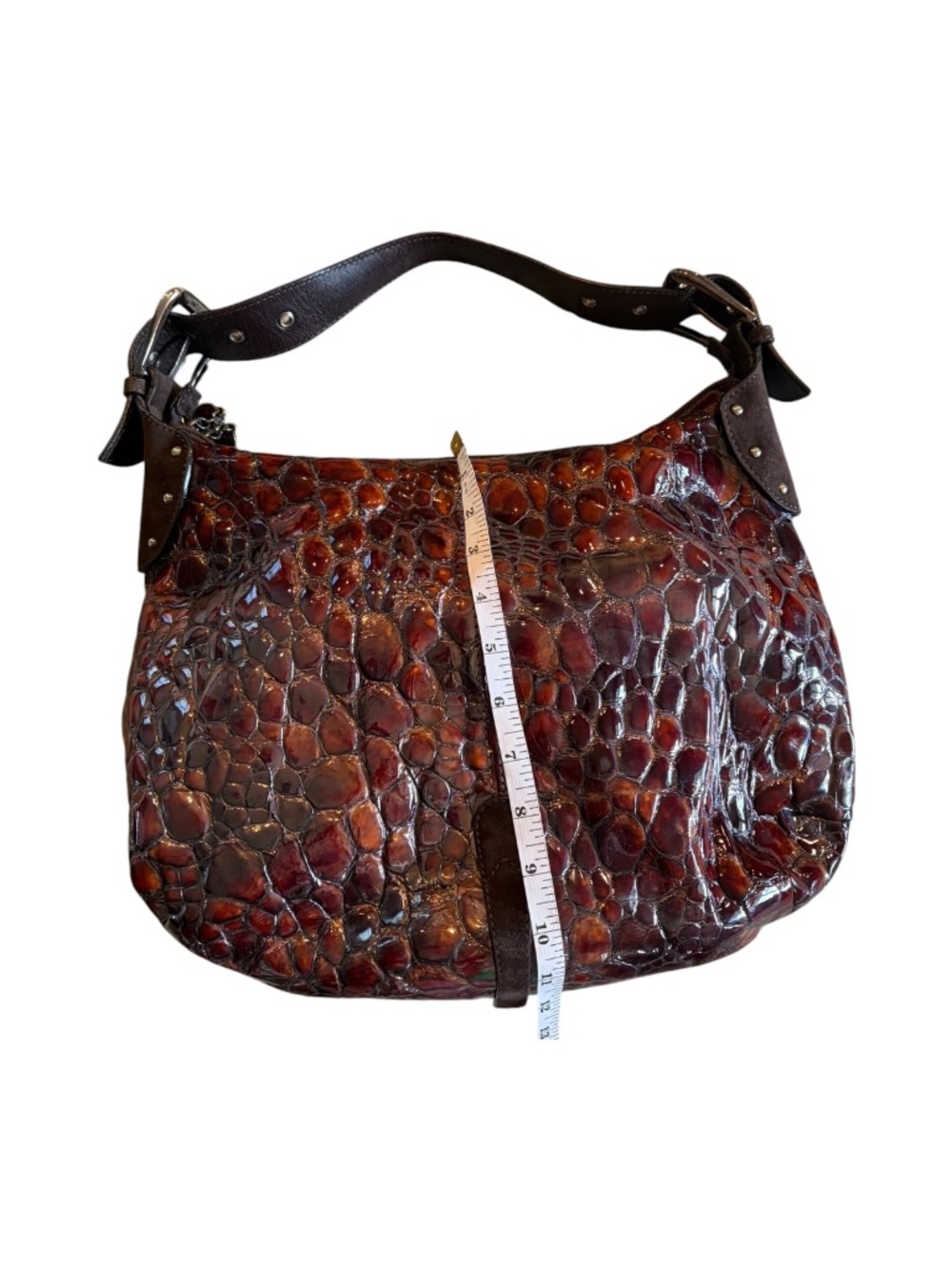 Donald J Pliner Brown Croc Embossed Leather Suede Shoulder Bag - Picture 9 of 12